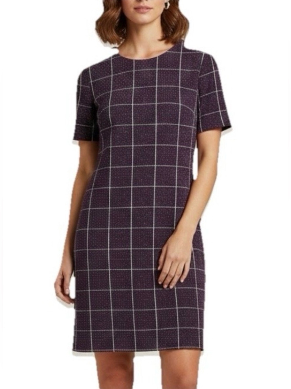 Calvin Klein plum windwpn chck stretch tweed s/s midi Drss WM 12 preppy office